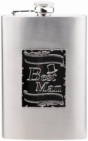 Hip Flask Holding 8 oz - Best Man Emblem Design - Metallic Grey Finish, Stainless Steel, Screw-On Cap, Expertly Welded, Leakproof, Rustproof - Front Engravable for Personalized Gift