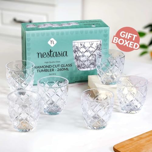 Image of Nestasia Transparent Small Juice Glasses Set of 6 (260 ml Each) - 100% Food Safe & Dishwasher Safe Diamond Cut Tumblers - Ideal for Water, Tea, Coffee & Refreshments - Perfect for Gifting