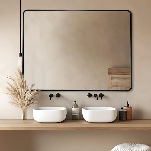 Image of ANDY STAR 48X36 Inch Black Bathroom Mirror, Matte Black Vanity Mirrors for Wall, Rounded Rectangle Mirror for Bathroom, Seamless Tube Metal Frame, 1'' Deep Wall Mounted Vertical /Horizontal