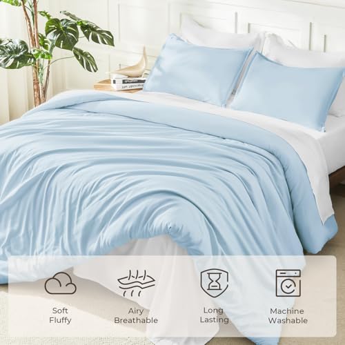 Image of Litanika Comforters Light Blue Queen Size, 3 Pieces Lightweight Solid Bedding Comforter Set, All Season Fluffy Bed Set (90x90In Comforter & 2 Pillowcases)