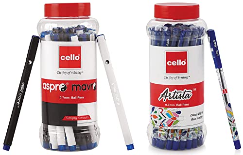 Image of Cello Aspro Mavro Ball Pen | Black Ball Pen | Pack of 50 Artista Ball Pens (25 Pens Jar - Blue Ink)