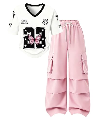 Image of Betusline Girls 2 Piece Summer Outfits,Kids Casual Short Sleeve Crop Top & Cargo Jogger Pants Sets,4T-14Y