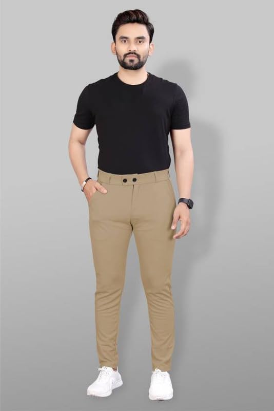 Image of Men's Slim Fit Lycra Blend Stretch Trousers | 2 Button Closure | Side Pockets | Formal & Casual Wear