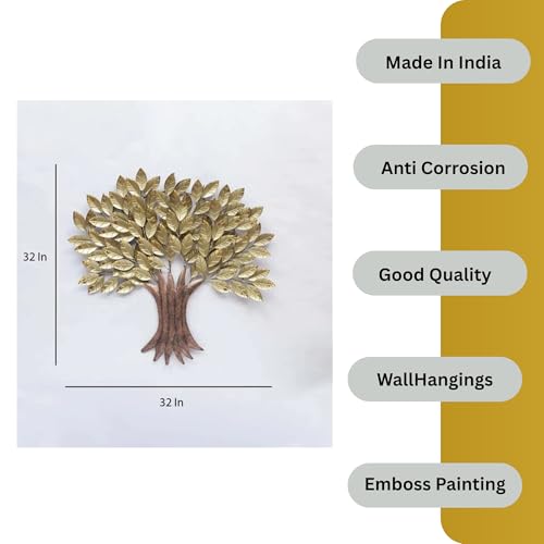 Image of Bharat Art Metal Iron Golden Tree Decorative Wall Hanging /Wall Decor for Home, Living Room, Bedroom, Hotels, Office, Cafe etc Multicolor (31x2x33 Inch) W294