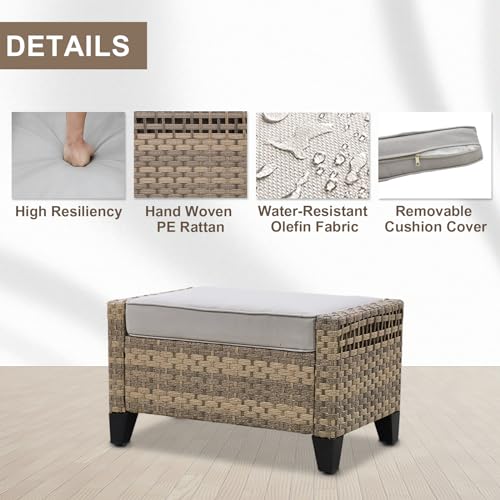 EAGLE PEAK 2 Piece Wicker Outdoor Ottoman, Patio Ottoman Foot Rest for Couch with Removable Cushions for Patio, Deck, Backyard and Poolside, Brown/Gray