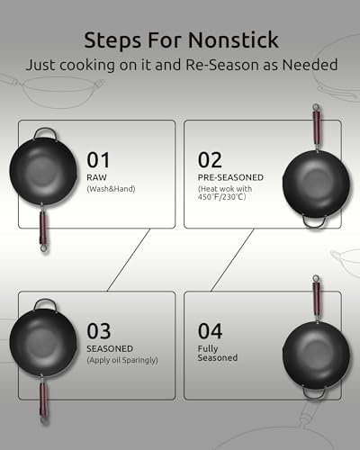 Image of FGJ Wok Pan, Carbon Steel Wok, Woks & Stir-Fry Pans Nonstick, 13 Inch Wok Pan with Wooden Lid, Pre-Seasoned Carbon Steel Cookware, 5.8QT Flat Bottom Chinese Wok Pan, Compatible with All Cooktops