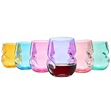 Khen Unbreakable Aerating Stemless Wine Glasses - European Tritan Plastic Wine Glass Set with Finger Indentations - Set of 6-13 oz Colored Glass - Acrylic Reusable, BPA Free, Naturally Aerates Wines