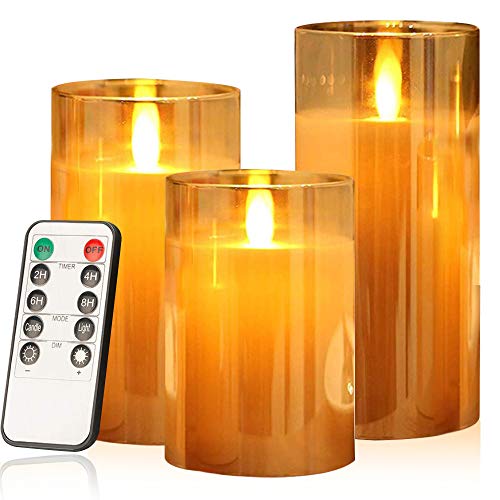 AnnSpa 3 Set Velas de LED de Pilas Funciona con Pilas con Control Remoto, de Cera Real Parpadeo Mecha móvil Parpadeo Ámbar Luz amarilla Velas, Vaso Velas para Regalo y Decoración (Brown) thumbnail