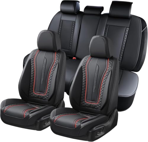 Image of Coverado Car Seat Covers Full Set, Leather Seat Coversfor Cars, Front and Back Seat Covers, Waterproof Car Seat Protectors Car Seat Cushions Universal for Most Vehicles, Black&Redline