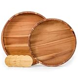 Round Wood Serving Trays Set of 2, Ottoman Tray Rustic Acacia Wooden Trays with Handles, Nesting Cir