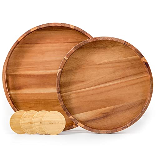 Round Wood Serving Trays Set Of 2, Ottoman Tray Rustic Acacia Wooden Trays With Handles, Nesting Circle Tray With 4 Coasters For Coffee Table Living Room Bathroom Bedroom Party #TOP9