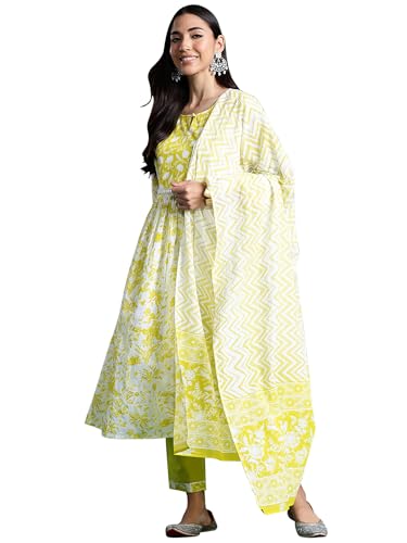 Image of INDO ERA Women Pure Cotton Printed A-Line Kurta Pant With Dupatta Set