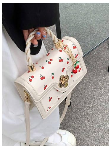 Women's Cherry Print Flap Square Bags Adjustable Strap Top Handle Satchel Crossbody Bags with Cherry Pendant3