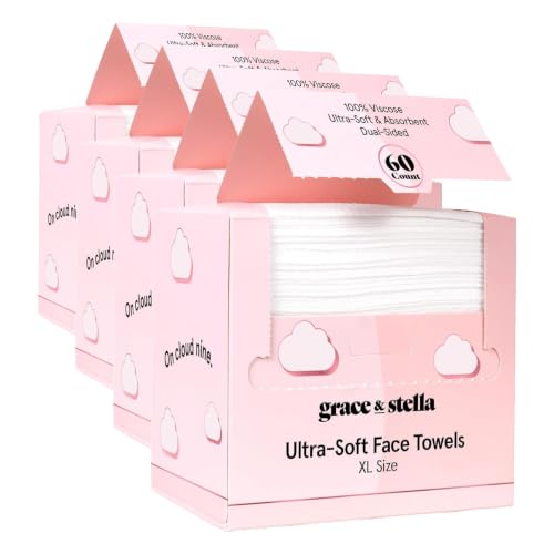 Image of grace & stella Face Towels Disposable - Travel Essentials (60 Count) (Pack of 4) Ultra-Soft & Absorbent Face Wipes Towelettes, Facial Towels for Cleansing & Makeup Removal - Face Cleansing Foaming Net