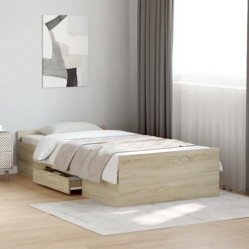 vidaXL Cama con Cajones, Somier Individual de Invitados, Estructura de Cama, Mueble para Dormitorio, Madera de Ingeniería Roble Sonoma 100x200 cm