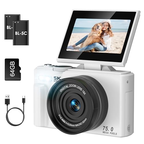 SOPPY Appareil photo numérique 5K 75 MP Appareil photo de vlogging 3,0 180° Appareil photo compact avec carte mémoire 64 Go, zoom numérique 18x, mini appareil photo numérique pour garçons et filles