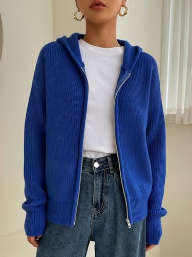 Image of SOLY HUX Zip Up Cardigan for Women Hooded Cardigan Sweater Knitted Drop Shoulder Fall Clothes Winter Hoodies Outerwear