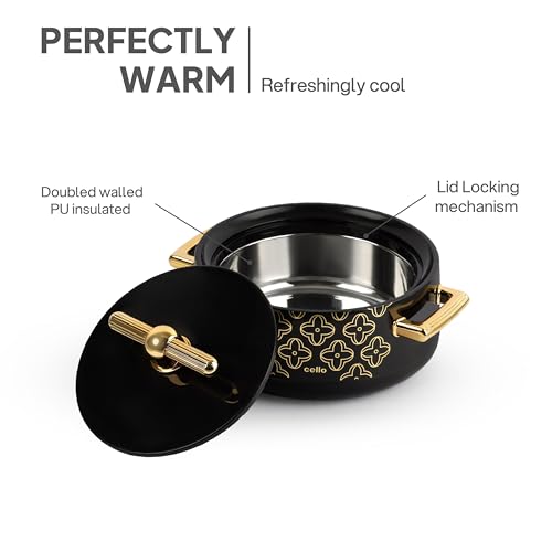 Image of CELLO Jewel NX Insulated Casserole Set of 3 Pcs (500ml, 1000ml, 1500ml) Black | Double Wall Insulated Hot Pot Case Keeps Food Hot & Warm For Long Hours, Casserole Hot Pot Set For Roti, Chapati, Rice