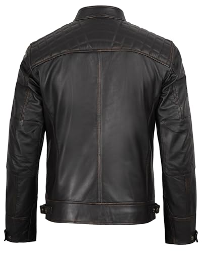 Image of fjackets Mens Leather Jacket Moto Style Real Lambskin Leather Jacket, Quilted Cafe Racer Classic Zip Up Biker Jacket for Men