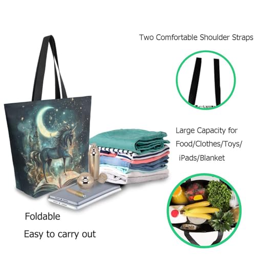 Fairy Tale Book Unicorn Castle Extra Large Canvas Gym Shoulder Tote,Durable Reusable Daily Top Handle Bag for Mens Womens Yoga Weekender Picnic Beach Travel Market Shopping3