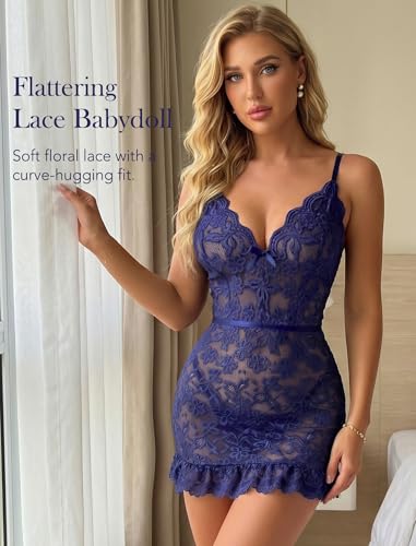 Image of Girece Sexy Lingerie for Women Babydoll Lingerie Dress Lace Chemise Nightgown with Adjustable Straps, Ruffle Hem G String