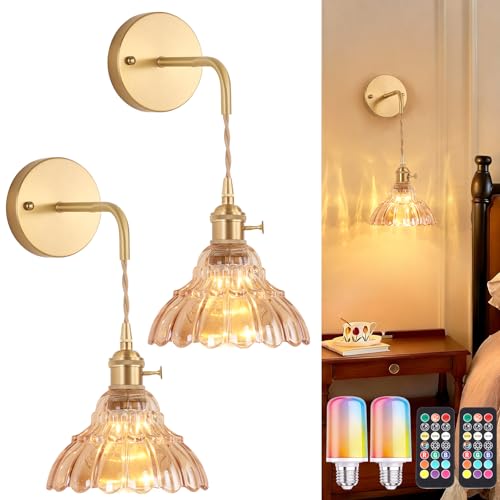 Image of Shenmoyl Vintage Battery Operated wall sconces Set of 2, Wall Lamps with Amber Lily of the Shade Pattern Glass, Adjustable Chain Gold Wall Lights, sconces wall Decor for Stairway Living Room Doorway