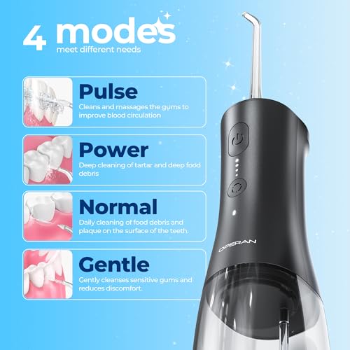 Operan Water Dental Flosser for Teeth Cordless, 300ML Rechargeable Oral Irrigator with 4 Modes, Water Flossers for Adults, IPX7 Waterproof, Use at Home/Travel, Black, 1 Pack + 4 Nozzles