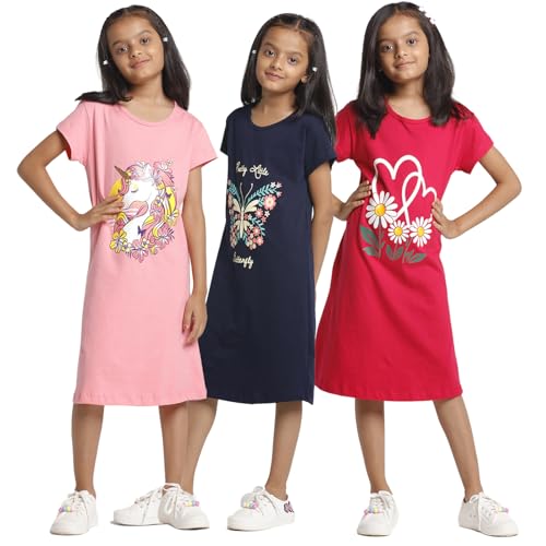 T2F Girls Cotton Printed Regular Fit Knee Length Nightgown (Pack ...