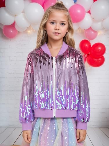 Happy Cherry Girls Sequin Bomber Jacket Long Sleeve Sparkle Gradient Zipper Coat with Pockets Ombre Glitter Outerwear2