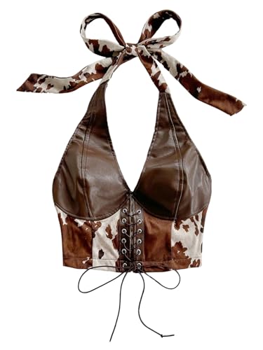 MakeMeChic Womens Cow Print Leather Halter Tops Multicolor Large