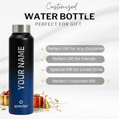 Image of Speedex Customised Engraved Name Stainless Steel Water Bottle 1 Ltr - Personalised Screw Cap Bottle for Kids, Men & Women, School, Office, Gym, Black Blue, Set of 1