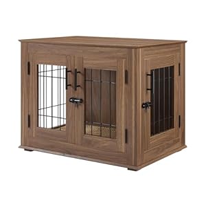 beeNbkks Furniture Style Dog Crate End Table, Double Doors Wooden Wire Dog Kennel with Pet Bed, Decorative Pet Crate Dog House Indoor Medium Large