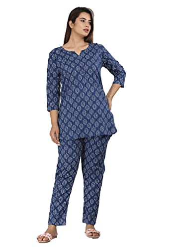 Image of Jaipur ThreadsIndigo Printed Sleepwear Straight Short Kurta & Pyjamas