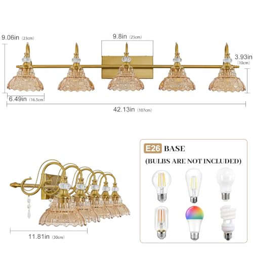 Image of Vintage Bathroom Vanity Light, 5-Light Brushed Gold Finish Wall Sconce with Hanging Crystal Accents and Flower-Shaped Amber Glass Shades, Retro Wall Mount Vanity Light Over Mirror for Bathroom