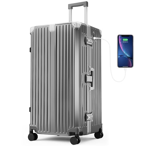 ALPHA CAMP Valise Grand Taille Valise XXL avec Serrure TSA Valises Rigide à roulettes 42x36x82CM Polycarbonate et Cadre en Aluminium Valise Gris Homme Bagage de Voyage...