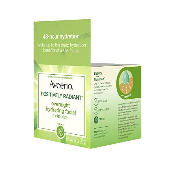Aveeno Positively Radiant Overnight Hydrating Facial Moisturizer with Soy Extract and Hyaluronic Acid, Oil-Free and Non-Comedogenic, 1.7 oz