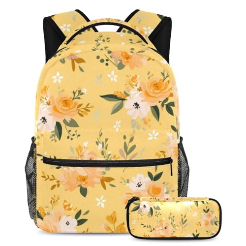 Lot de 2 sacs à dos scolaires motif floral jaune pour ados et étudiants