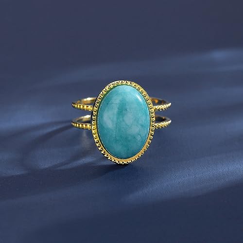 18K Gold Plated Fashion Statement Ring Oval Cut Natural Bohemian Turquoise Band Wedding Anniversary Ring Gift. Opening Adjustable Size 5-104
