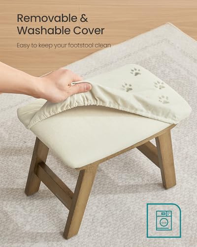 Image of SONGMICS Foot Stool Ottoman, Padded Foot Rest Under Desk with Solid Wood Frame, Removable Cover, for Living Room, 9.8 x 15.4 x 11.8 Inches, Summer Sand and Brown ULSF052LF01