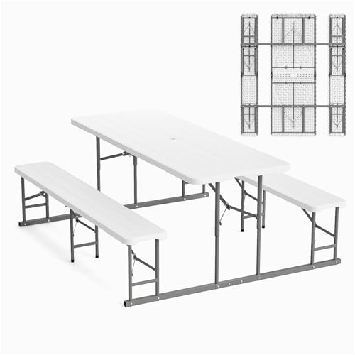 VINGLI Folding Picnic Table and Bench Set, Portable Outdoor Dining Furniture for Camping, Patio, Backyard, Wood Grain Plastic Top with Metal Frame (White)