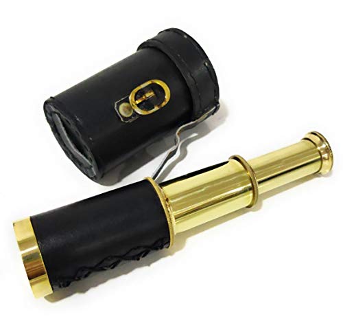 Brass Handheld Telescope, Functional Vintage Replica Telescope, Pirate Navigation with (Black Leather), Handcrafted Portable Collapsible Marine Spyglass Collectible Décor, 6”