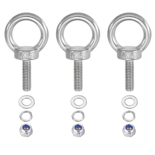 PATIKIL M6 x 20mm Lifting Shoulder Eye Bolt, 3Pcs 304 Stainless Steel Lifting Ring Threaded Eyebolt with Nuts Washers for Hanging Hammocks Articles