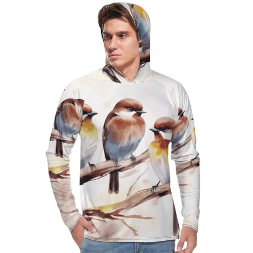 Men's Sun Shirts UPF 50+ Rash Guard Long Sleeve Sun Protection Hoodie Birds Resting on Tree Branch Lightweight Shirt XL White2