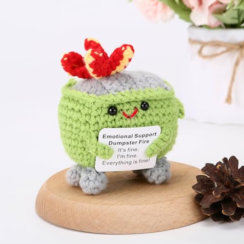 Image of RovyFota Emotional Support Crochet Dumpster Fire with Positive Card Cute Room Decor Knitted Toys Funny Crochet Support Buddies Gifts for Friends (Grass Green)