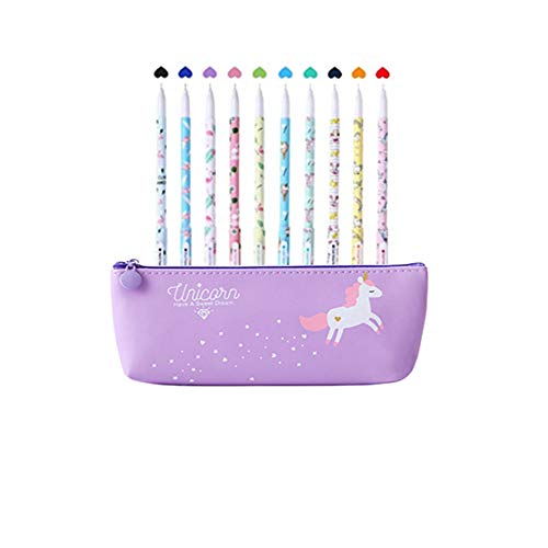 Southstar - 10 bolígrafos de unicornio y 1 estuche para lápices de unicornio para amantes de los flamencos y los unicornios, un gran regalo para una niña, color morado