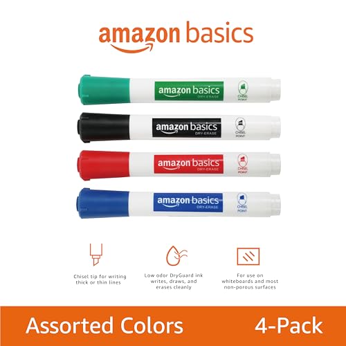 Image of Amazon Basics Low-Odor Dry Erase Whiteboard Markers, Chisel Tip, Quick-Dry, Black, Red, Green, Blue, 4-Pack