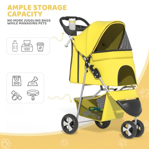 Image of Magshion 3-Wheel Pet Stroller, Foldable Travel Jogger for Small & Medium Dogs & Cats (Up to 33lbs), Lightweight Carrier with Breathable Mesh Cover, Cup Holder & Storage Basket, Yellow