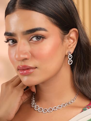 Image of Yellow Chimes Jewellery Set for Women and Girls American Diamond Jewellery Set | Rosegold Rhodium Plated AD Necklace Set for Women | Birthday Gift for Girls & Women