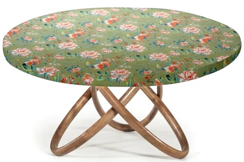 Image of The Furnishing Tree Elastic Cotton Round Dining Table Cover 40x40 in Inches Floral Multicolor on Greenish Base