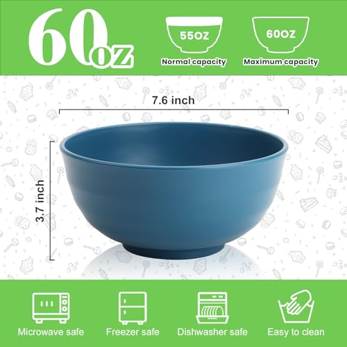 Image of Wheat Straw Bowls Set of 6, 60 OZ Unbreakable Camping Bowls, Microwave Safe & Dishwasher Safe, Large Salad Bowls for Outdoor, Picnic, RV Trips, Ramen, Cereal, Soup, Dark Blue